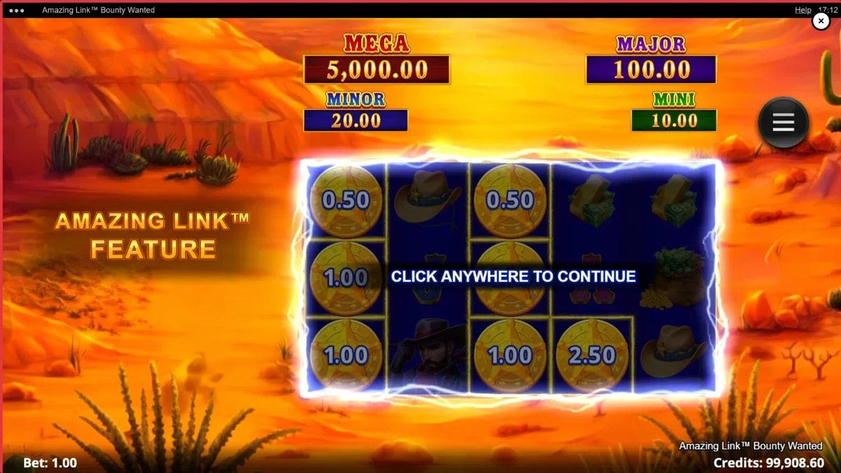 Isang cowboy sa mainit na disyerto, naghahanap ng kayamanan sa Amazing Link Bounty Wanted slot game.