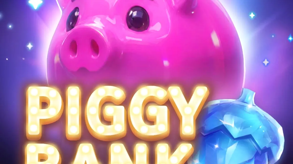 Isang mobile device na nagpapakita ng Piggy Bank Hold & Win slot game na may maliwanag na neon graphics.
